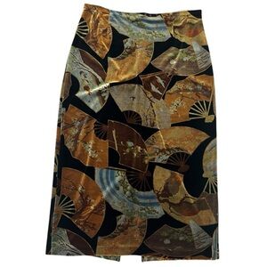 VTG Clio velvet Skirt Sz large Black Japanese Fan/Floral Print Midi Vintage